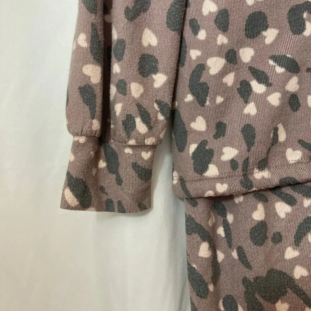 Como Sleep Brown Leopard Print Sweater Pants Two Piece Pajama Loungewear Medium